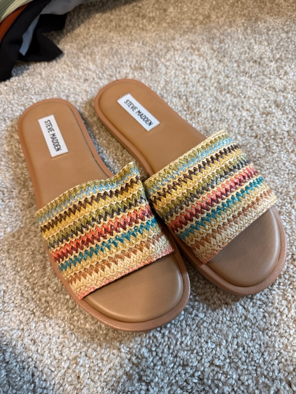 Steve Madden Multicolor Woven Slide Sandals - Coral, Teal & Gold Accents. size 9
